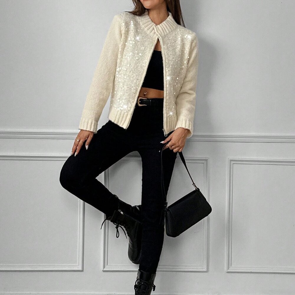 Apricot Casual Women's Fashion Sequin Knit Zip-Up Cardigan - Picture 4 of 6